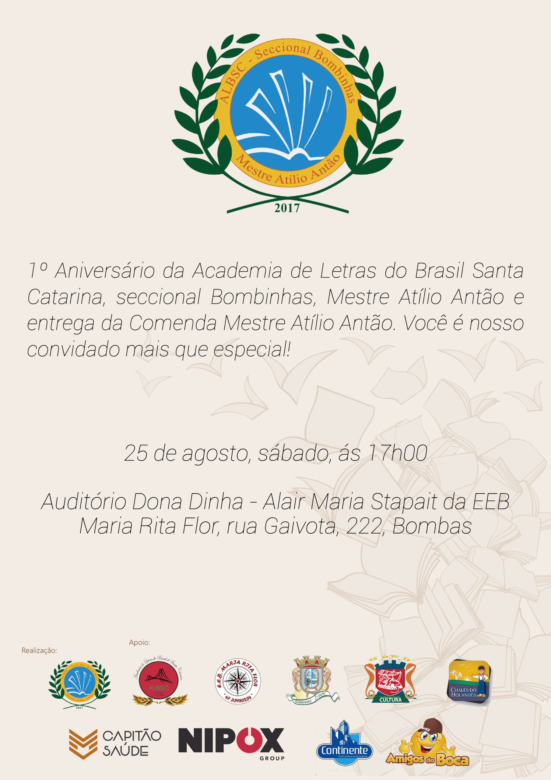 Academia de Letras de Bombinhas festeja aniversário e entrega Comenda Mestre Atílio Antão a personalidades literárias.